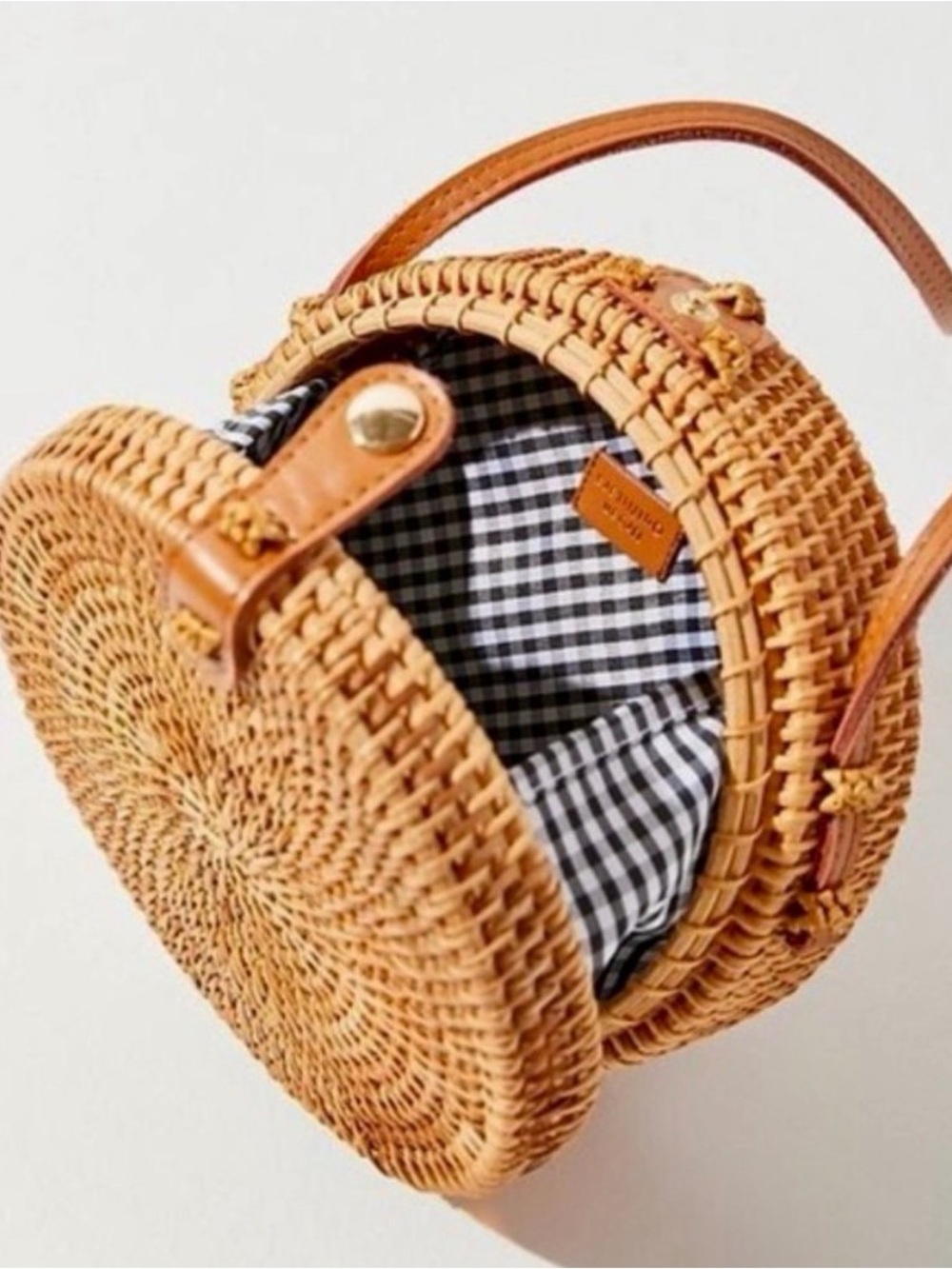 URBAN OUTIFTTERS Round Straw Rattan Basket Crossbody Bag Gingham Lined Boho NEW